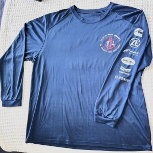 Ocean blue Casco Bay Diesel long-sleeve fishing tee laid flat, featuring chest logo and sleeve logos of Cummins, ZF, FPT, Twin Disc, Yanmar, and Bosch.