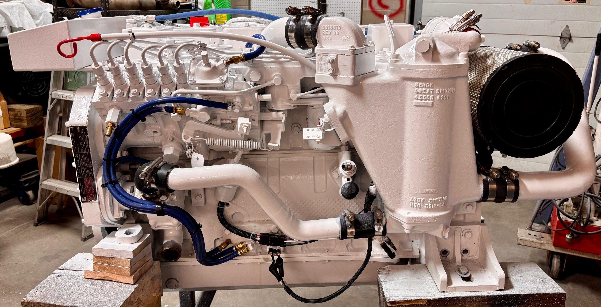 Side view from the rear of the Remanufactured Cummins 6BTA 5.9 Marine Engine for sale